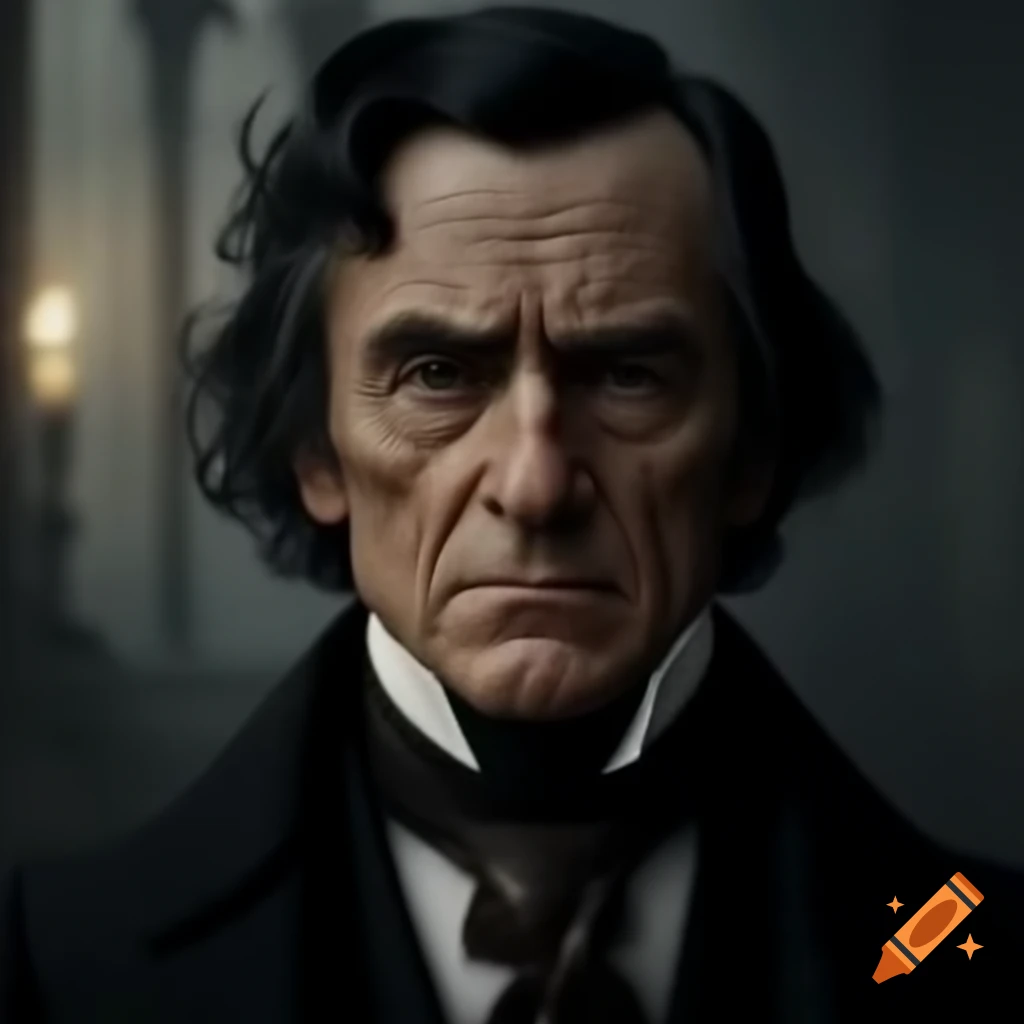 Victorian strong man with black hair looking unhappy