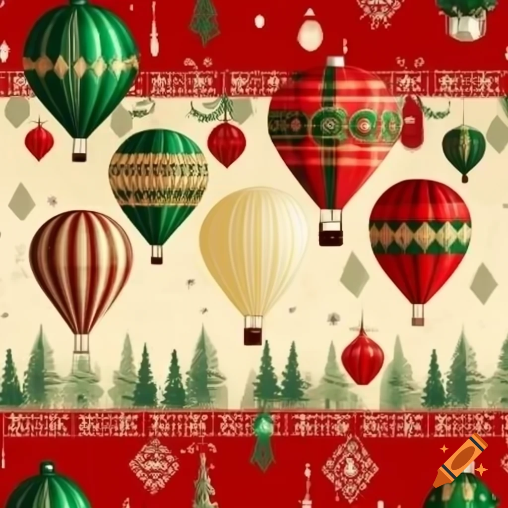 Festive Christmas pattern featuring vintage hot air balloons and geometric shapes