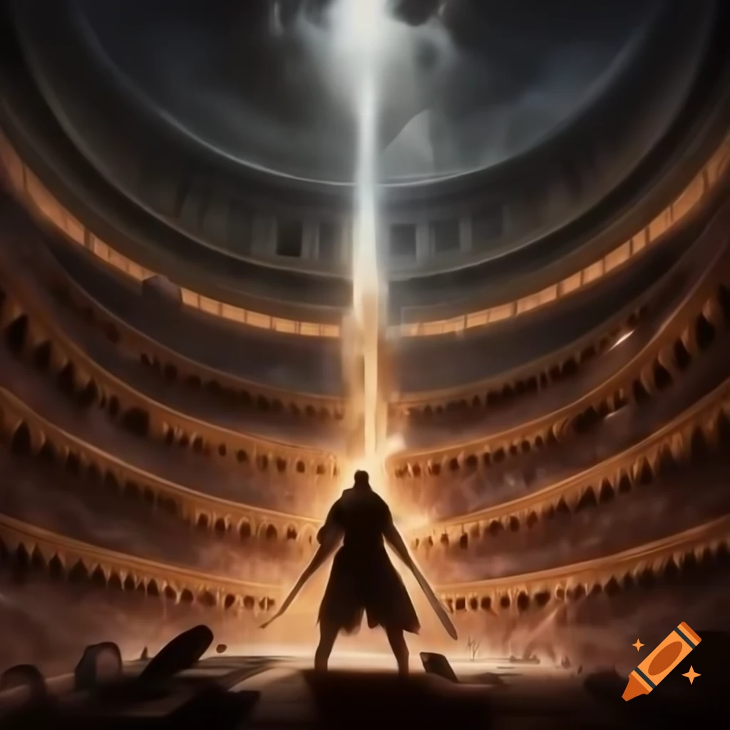 Dramatic book cover with main character in combat stance inside coliseum, hand-drawn style