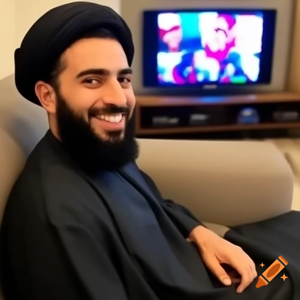 Smiling Muslim man relaxing on couch while watching TV