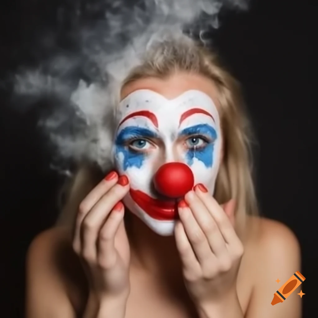Woman with freckles and clown nose covered in shaving foam at circus