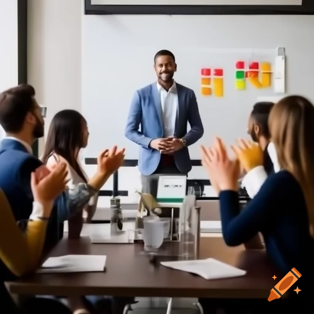 People applauding in meeting room after successful presentation