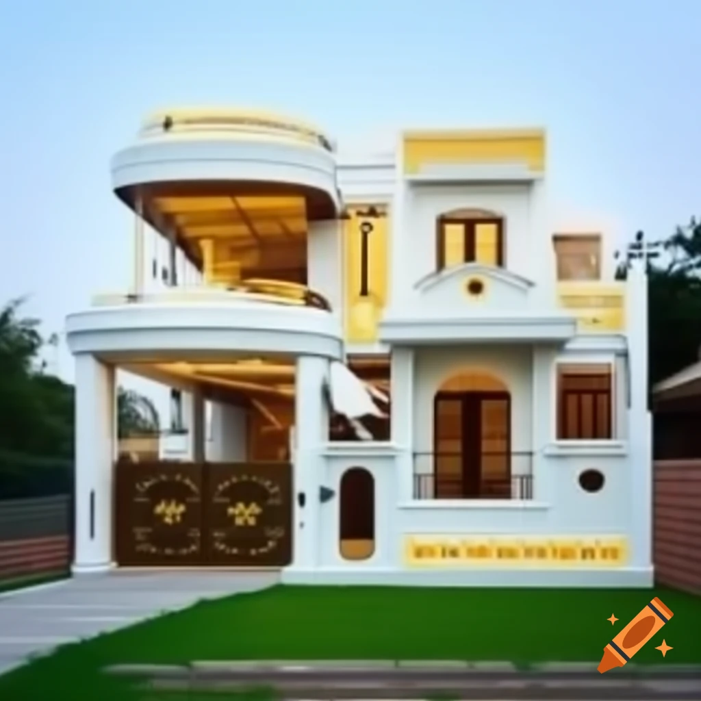 Two-story villa house with ship boat design, white and gold color, featuring a sports car and small swimming pool