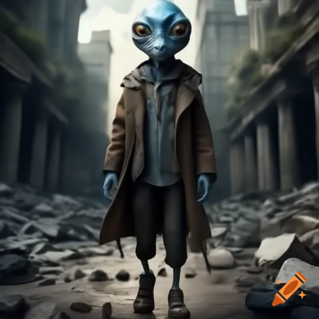 Humanoid alien with blue skin in fashionable outfit walking through ruined skyscraper