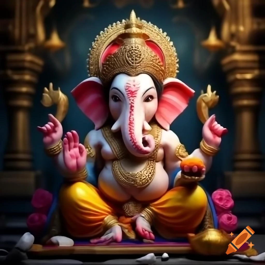 Statue of Indian god Ganesha with intricate details and vibrant colors