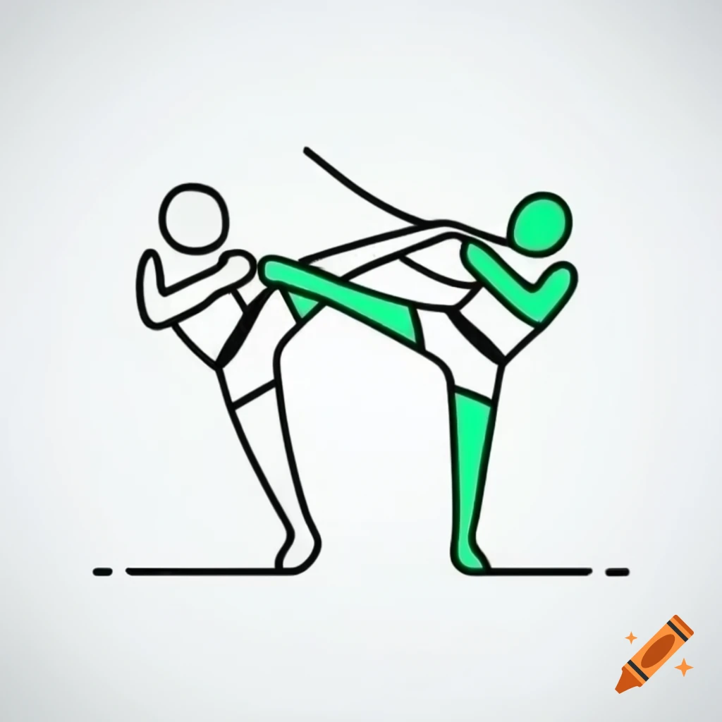 Minimalist black line drawing of Muay Thai in green and blue on white background