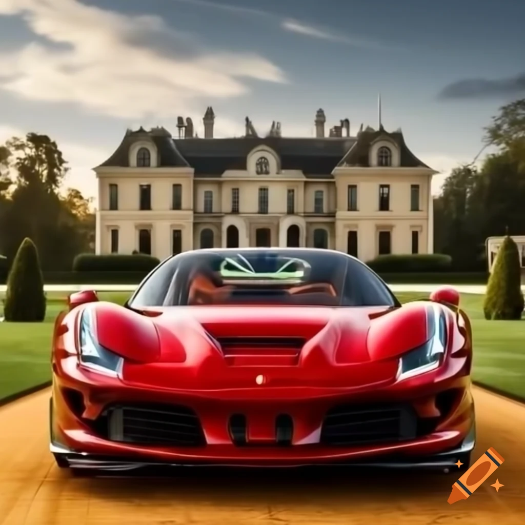 Red Ferrari driving in front of mansion on golden roads