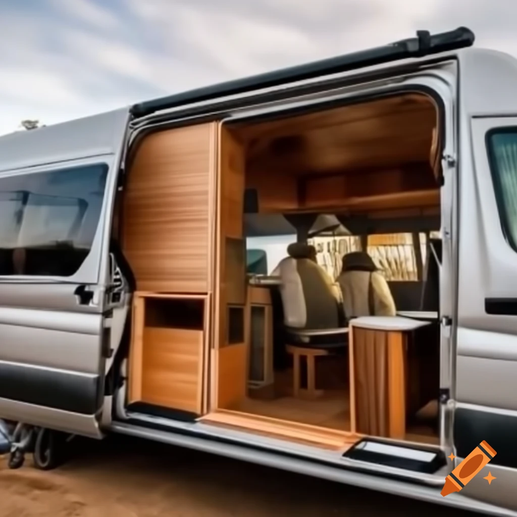 Longitudinal section of a realistic camper van displaying exterior and interior
