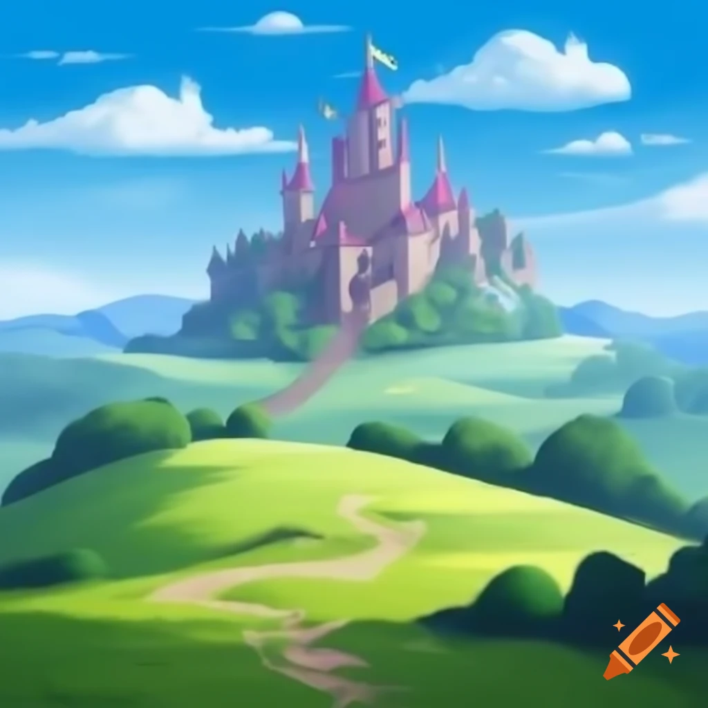 Fantasy castle overlooking green fields and hills in daylight
