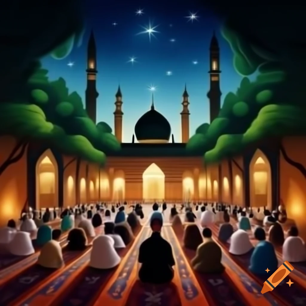 Large gathering of Muslim worshippers celebrating Maulid al-Nabi in courtyard at night