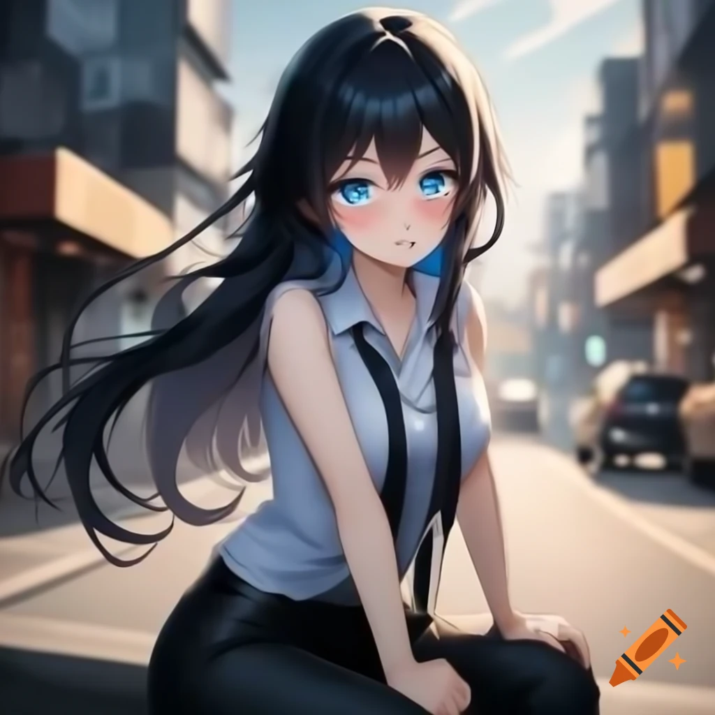 Anime girl with long black hair and blue eyes checking her watch on the street