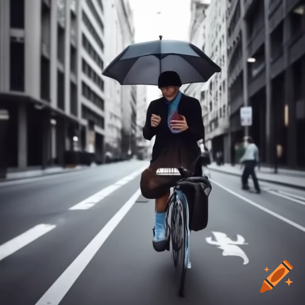 Bicycle rider with umbrella and smartphone cycling through pedestrian zone