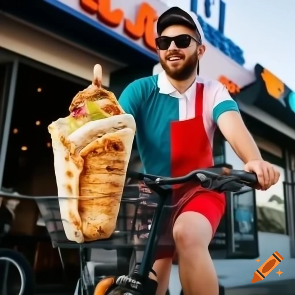 Shawarma riding a bike in a whimsical scene