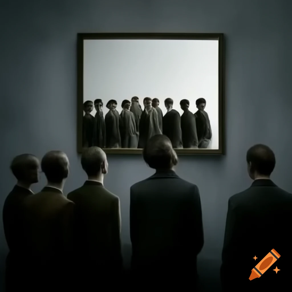 Group of people gazing into a vast mirror