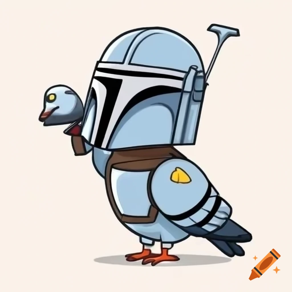 Cartoon pigeon holding Mandalorian helmet