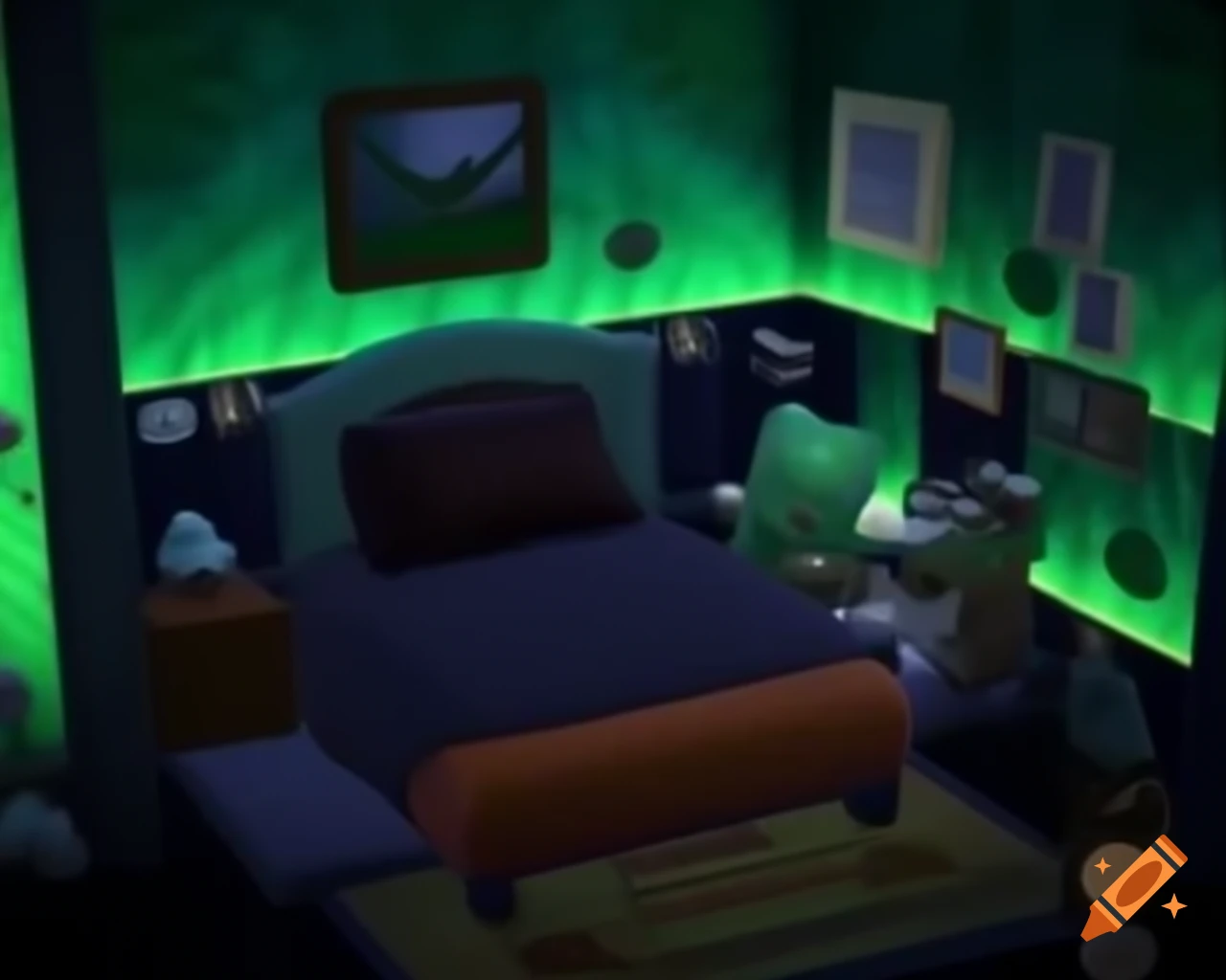 Animal Crossing bedroom themed with northern lights