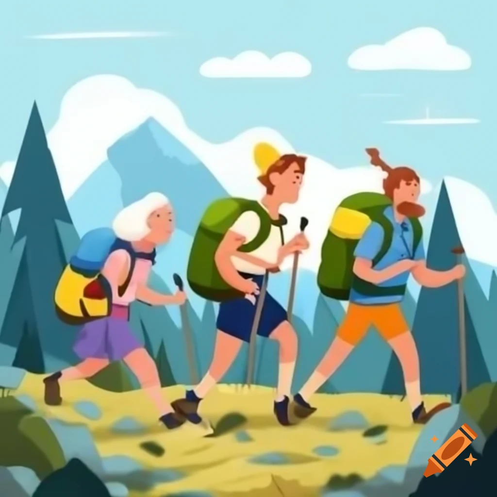 Cartoon style hiking adventure with family and team