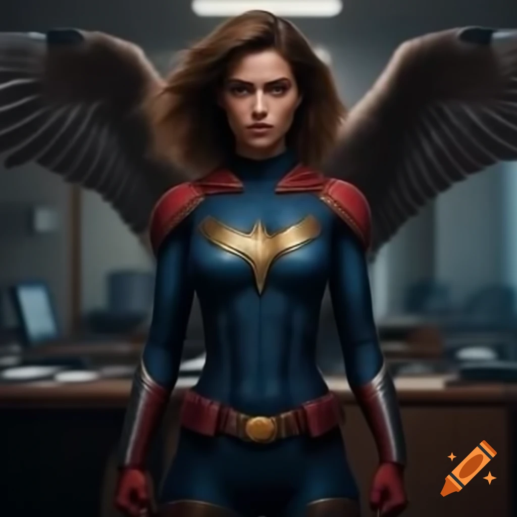 Female superhero with hawk senses detecting anomalies in an office