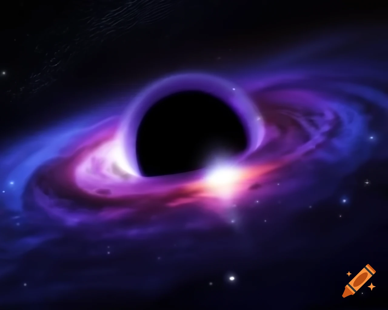 Realistic depiction of a black hole surrounded by stars in dark blue and black tones