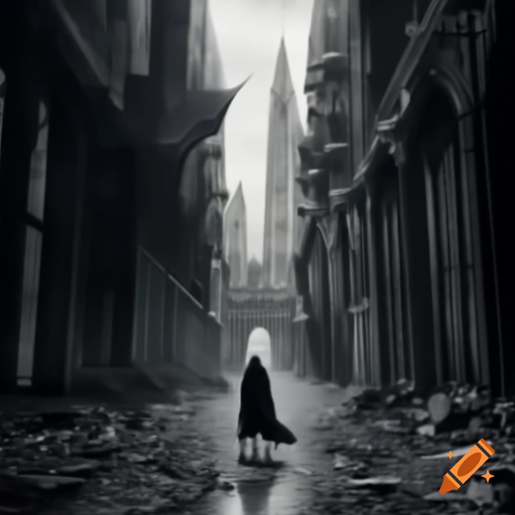 Monochromatic urban alleyway with retro-futuristic and gothic architecture