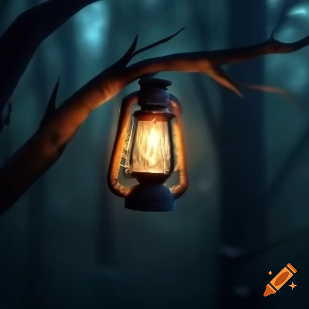Dark forest with glowing lantern hanging from tree branch