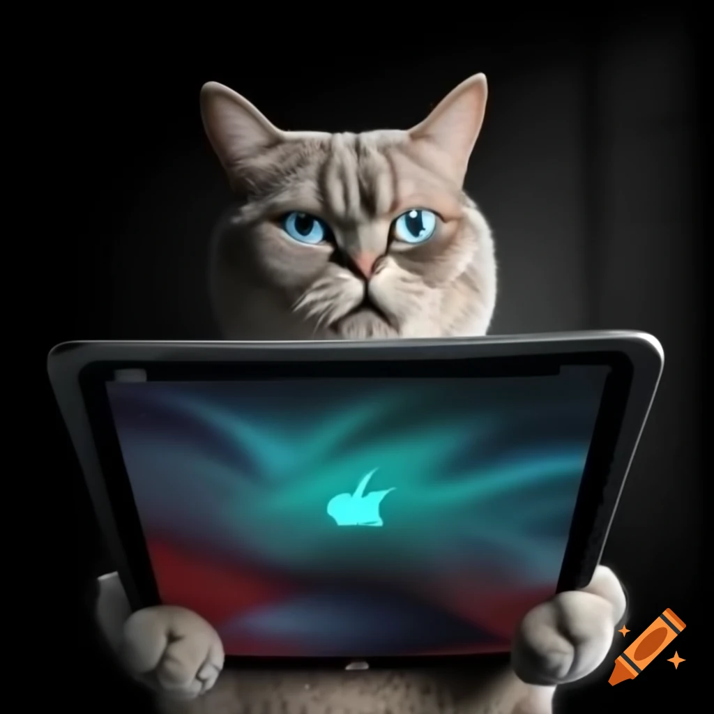 Skinny angry cat holding an iPad