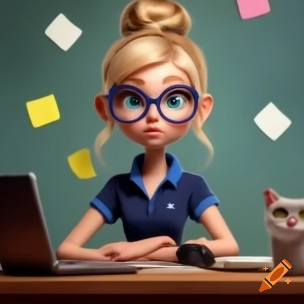 Analyst with bun and glasses at desk with cat and laptop