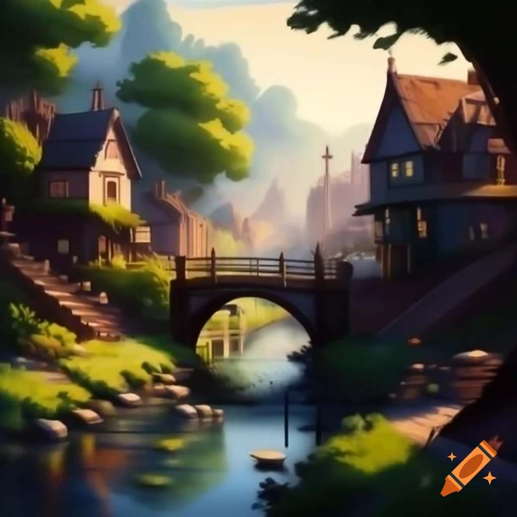 Abstract art painting of an English riverside village with emotive lighting