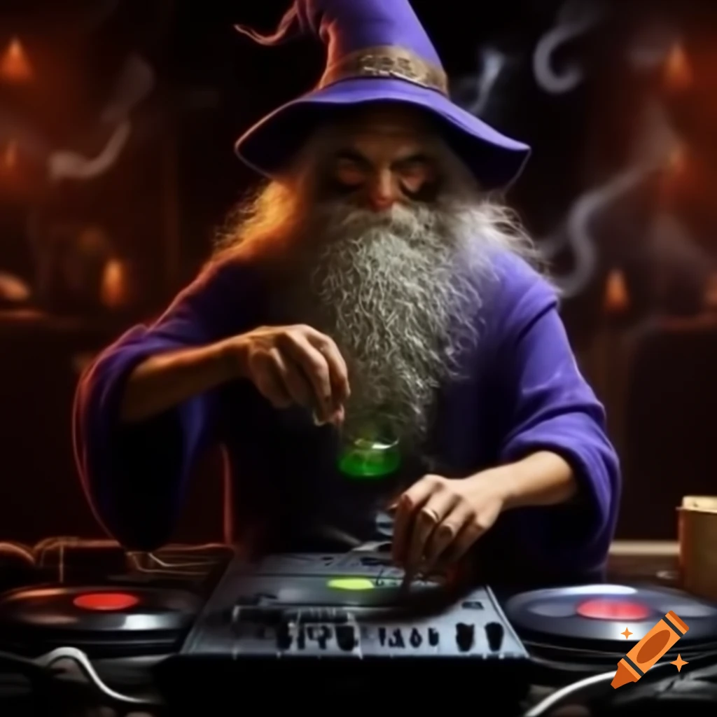 Mad DJ wizard mixing potion with vinyl records