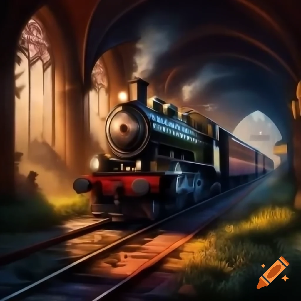 19th century steam locomotive arriving at gothic platform, in the style of Gaspard David Friedrich