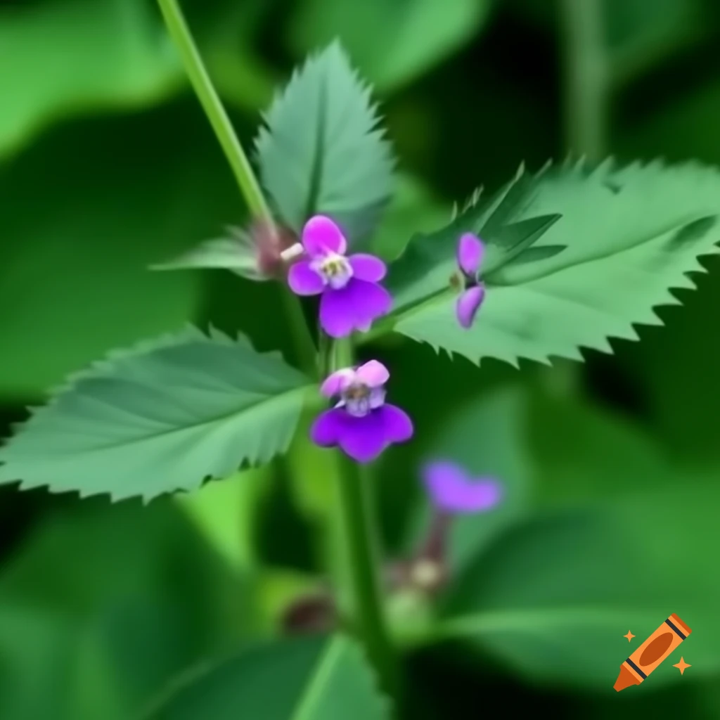 Sweet pea plant with purple flowers and serrated leaves