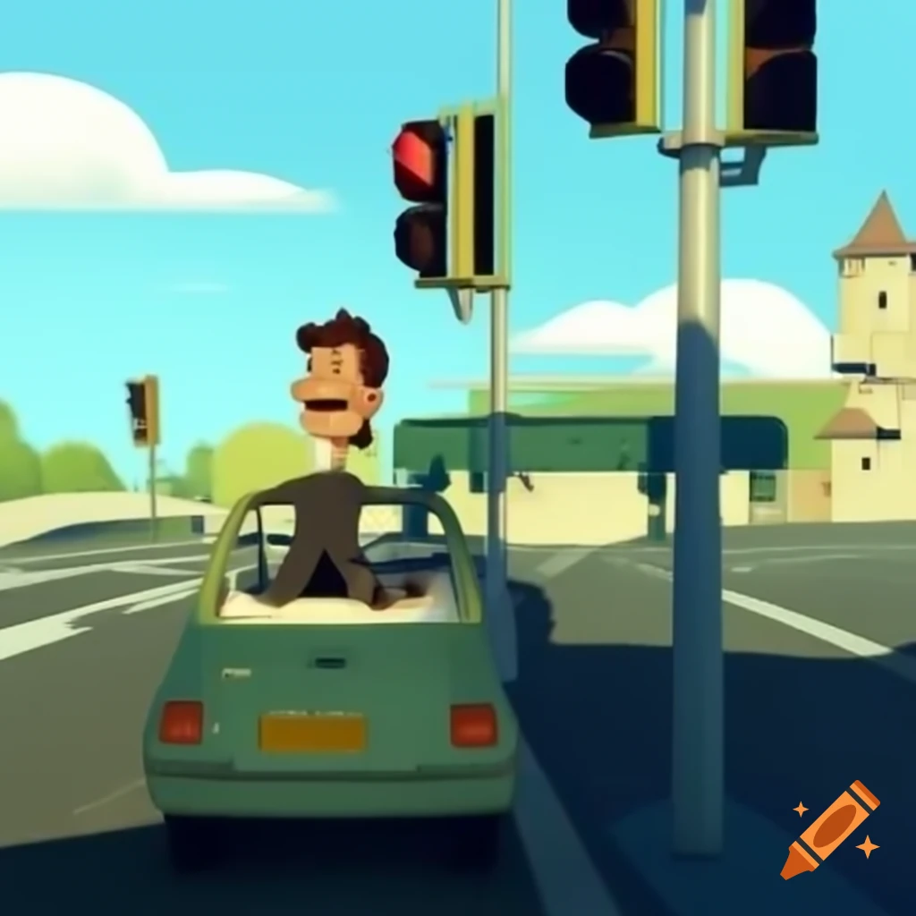 Man driving car with traffic signal and tower in background