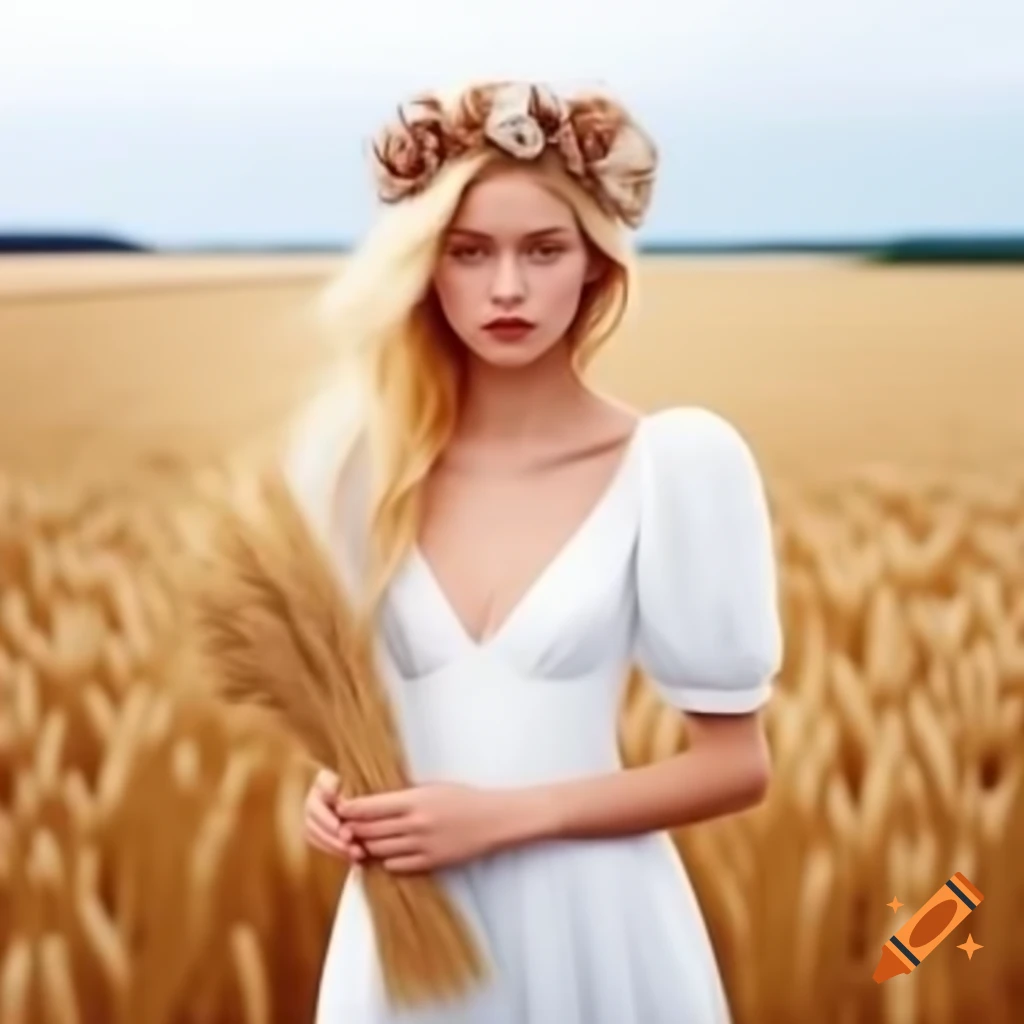 Blonde woman in white dress with flower crown in wheat field holding a scythe