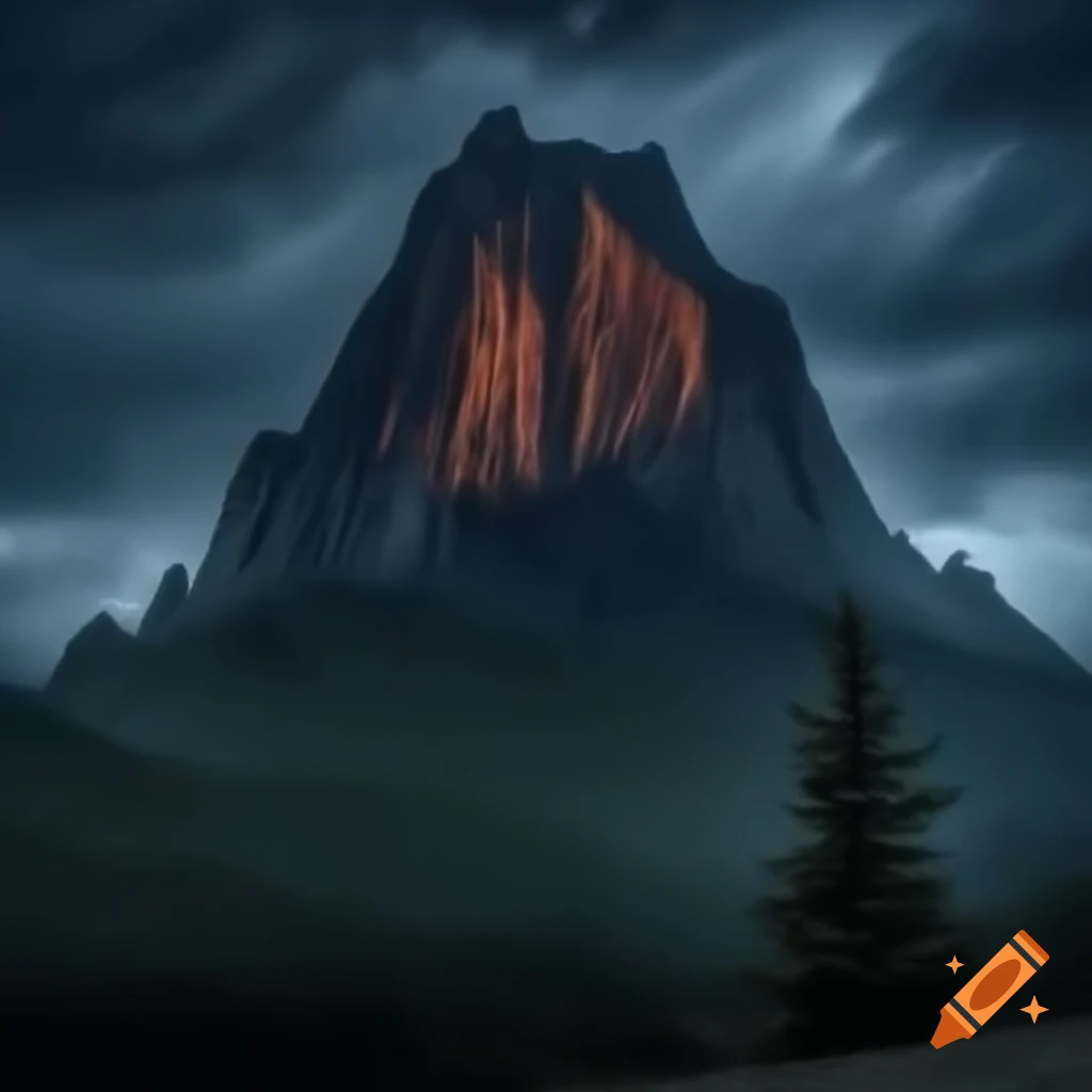 Creepy mountainslope under dark rainy sky with skeleton tree in foreground