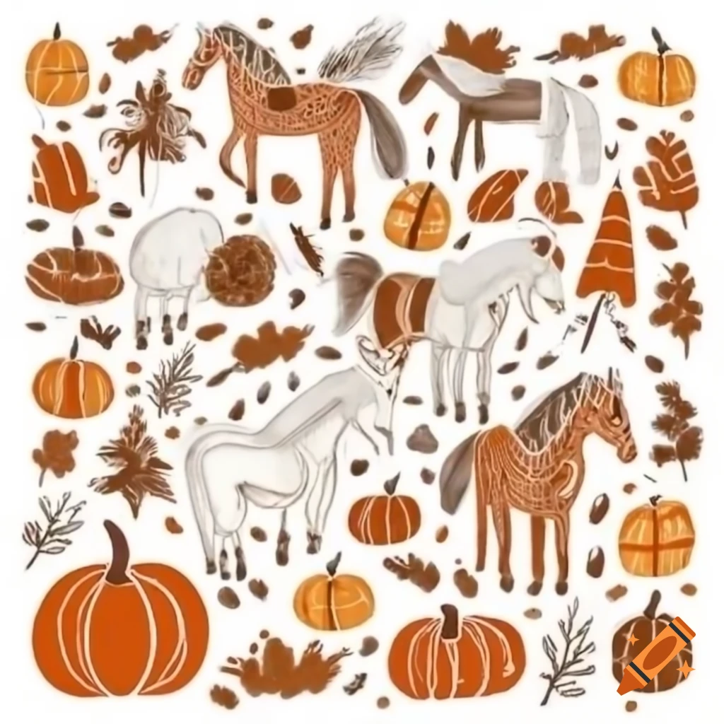 Fall-themed doodle featuring horses and pumpkins