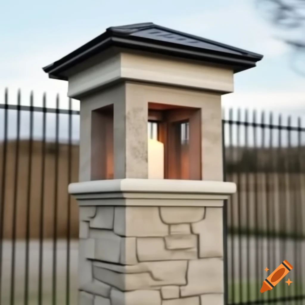 Stone pillar with roof and light for fence