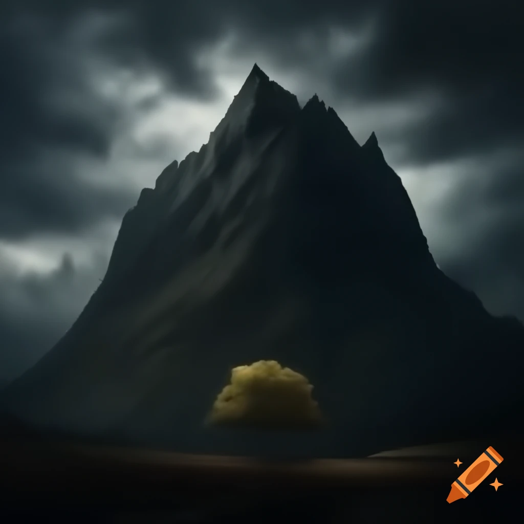 Creepy mountainslope under dark rainy sky with skeleton tree in foreground