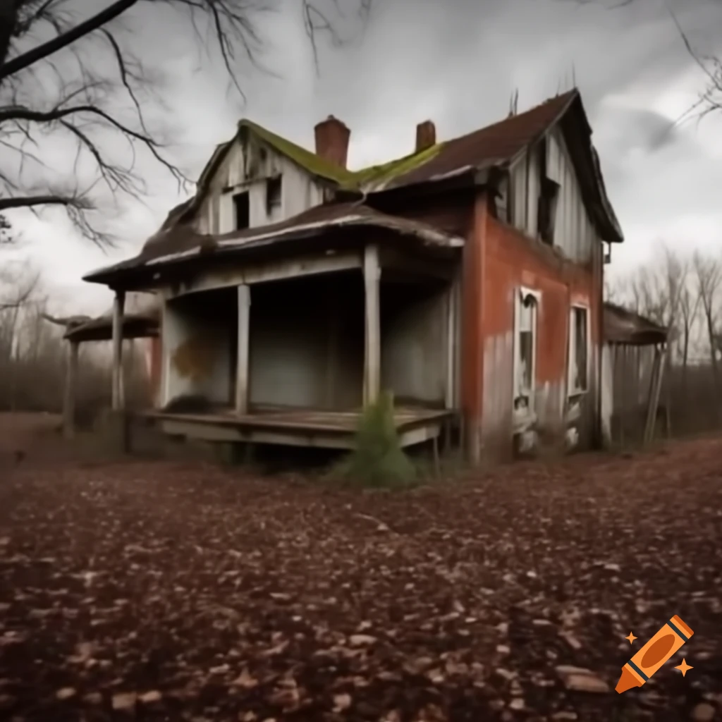 Abandoned house with peeling paint and broken windows overgrown with plants