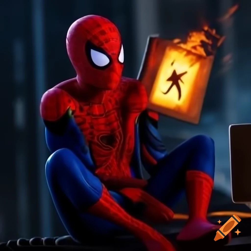 Spiderman holding a fire exit sign