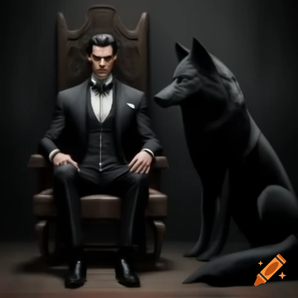 Lucifer in black suit sitting in dark-themed setting with black wolf beside him
