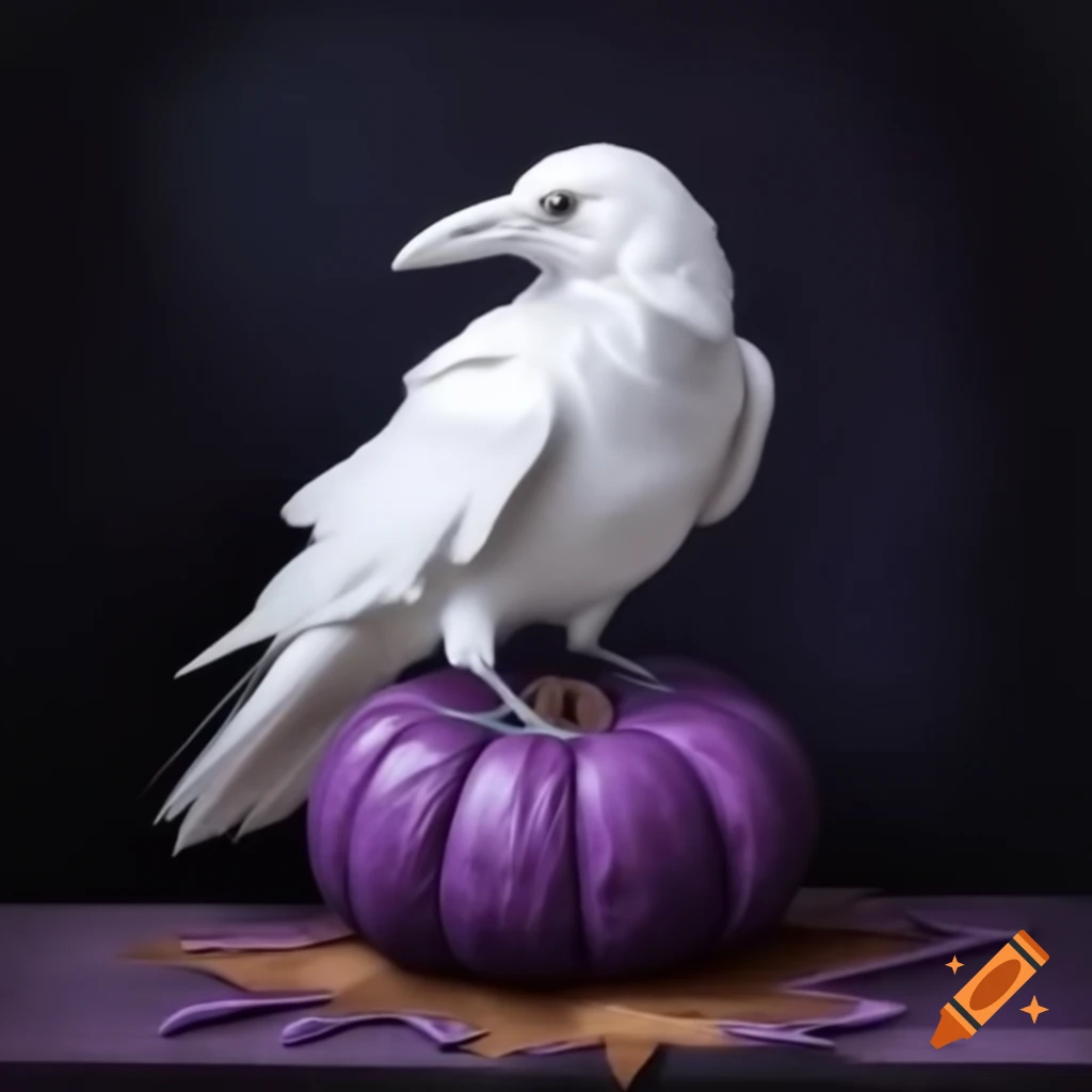 Realistic white raven sitting on a purple pumpkin