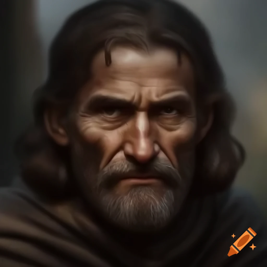 Realistic portrait of medieval poor parson in old clothes
