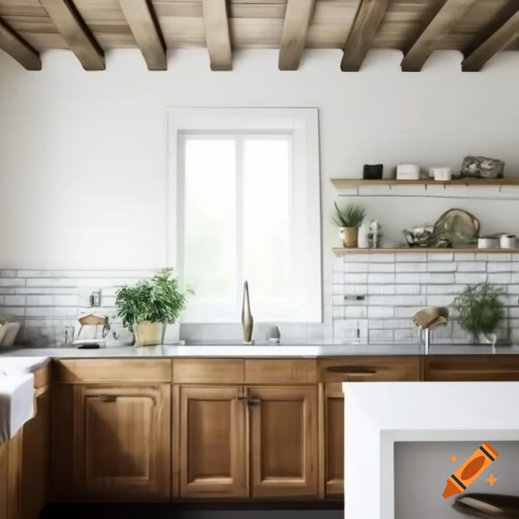 Modern rustic galley kitchen with wooden cabinets and white marble countertops