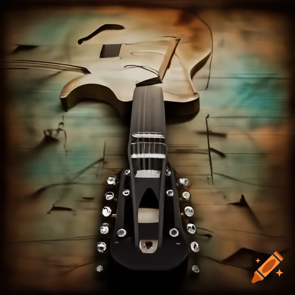 Guitar through torn old map, artistic composition