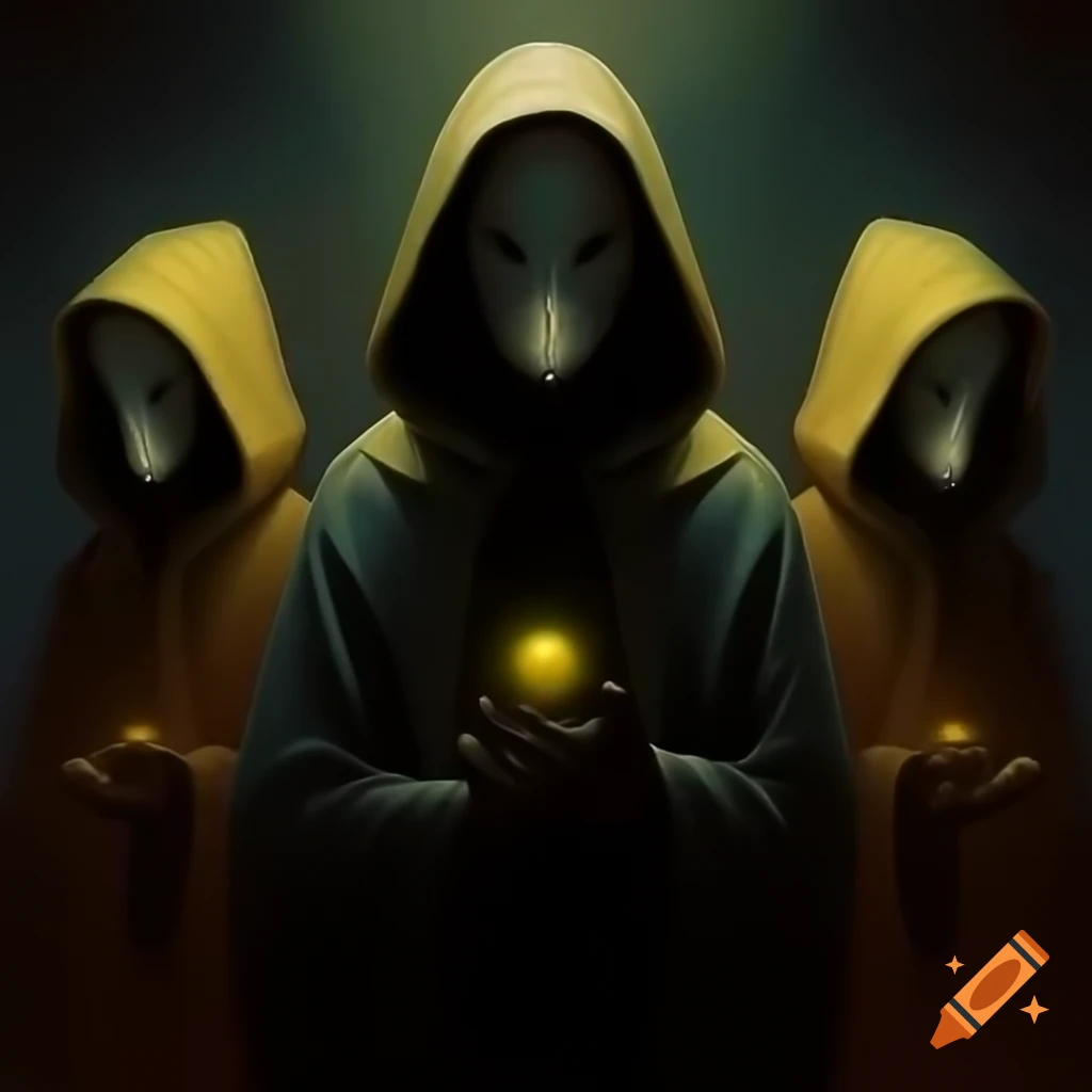 Three mysterious hooded figures shrouded in shadows, creating an unsettling yet comforting atmosphere