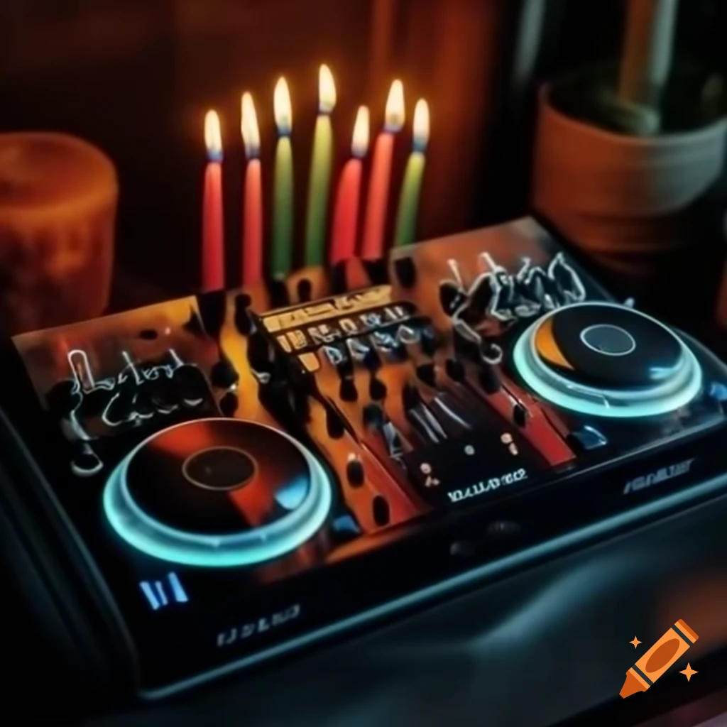 Birthday cake shaped like DJ controller with candles
