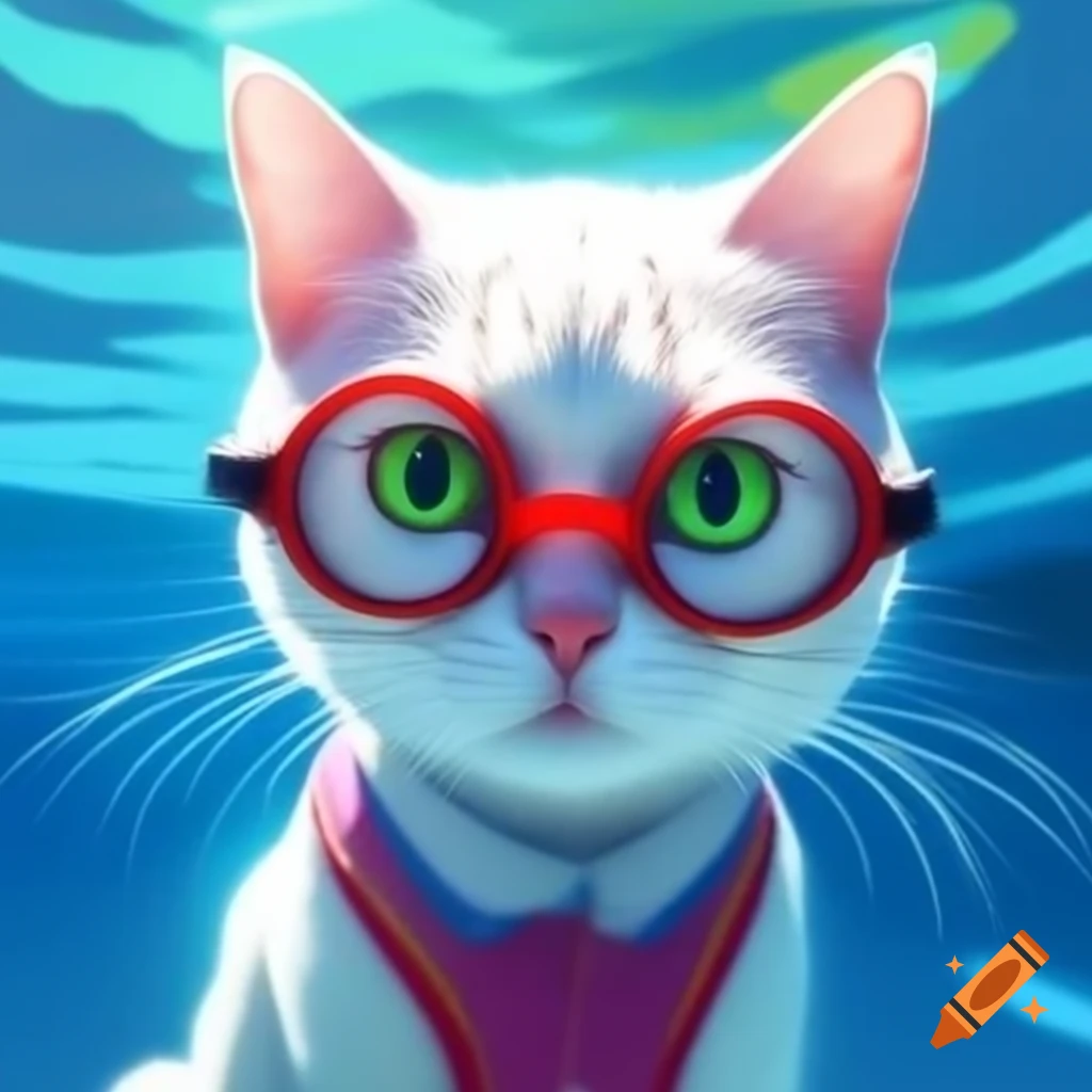 White cat with green eyes and red glasses in swimsuit, Tenerife