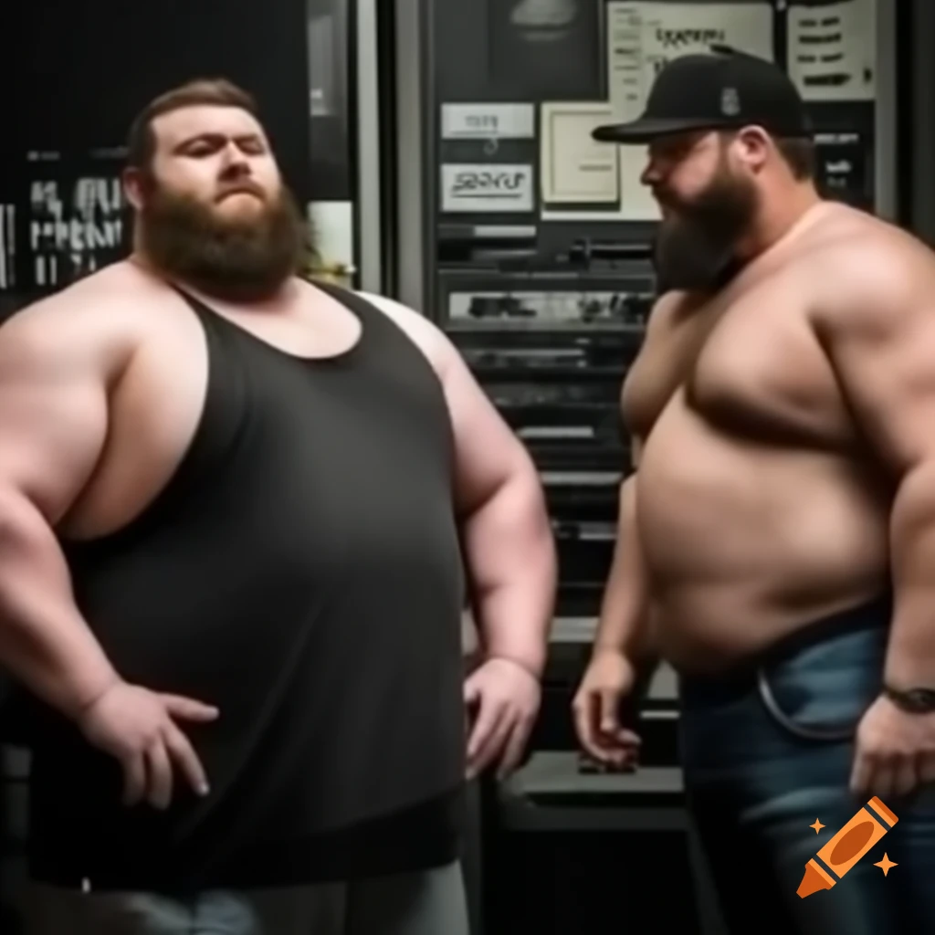 Two bearded men conversing in a hardware store