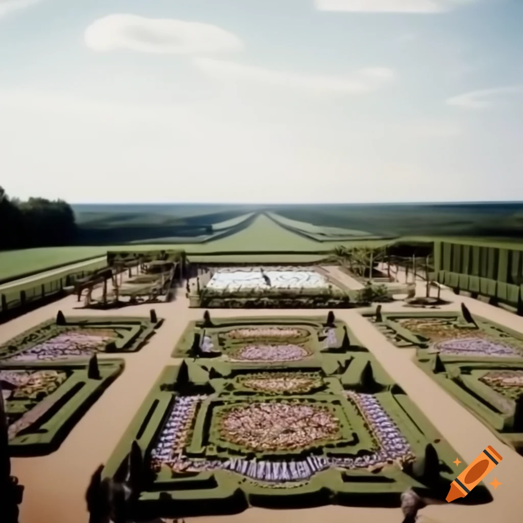 Formal French garden with flowers, gardeners, and noble horsemen