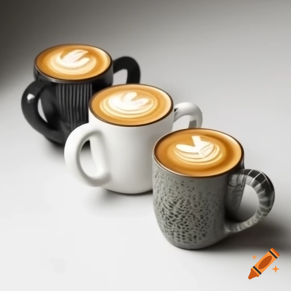 Porcelain mugs of various sizes filled with cappuccino and creamy foam